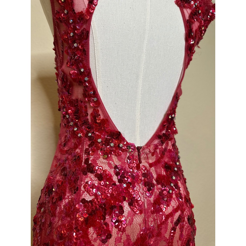 VTG Red Sequin Floral Lace Gown Sleeveless Keyhole Back Formal Evening Prom Gala - Picture 14 of 15